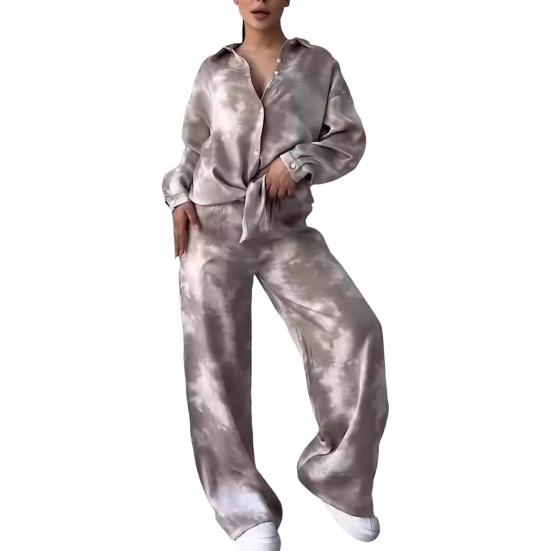 2 шт./комплект женский рубашка брюки комплект домашняя одежда наряд с принтом отложной воротник длинный рукав топ широкие брюки эластичный пояс свободные брюки одежда для поездок на работу