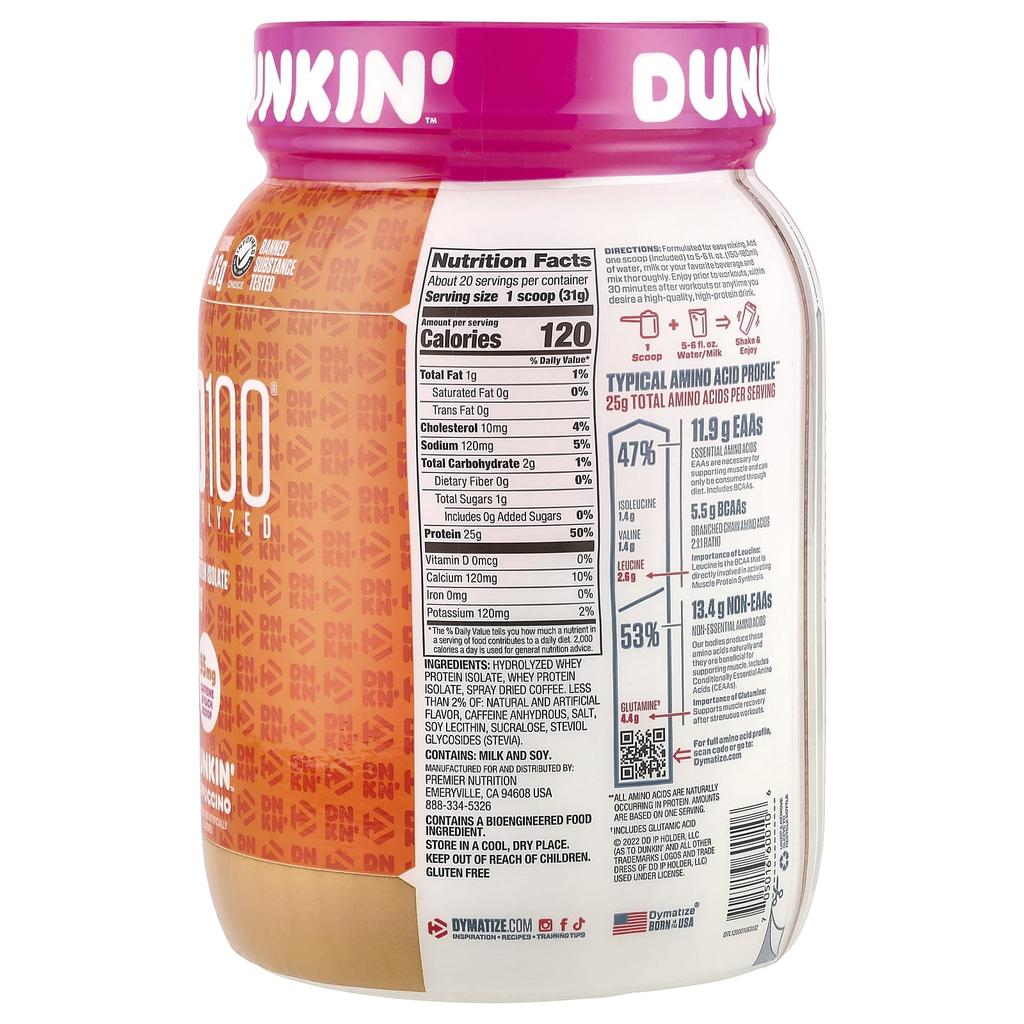 Iso100 Гидролизованный, 100% Изолят Сывороточного Белка, Капучино Dunkin, 610 г (1,3 фунта)
