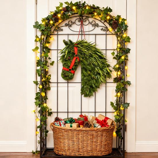 Horse Head Wreath Rustic Farmhouse Equestrian Door Decor Artificial Horse-Shaped Wreath with Red Ribbon for Front Door Wall Window Holiday Decor