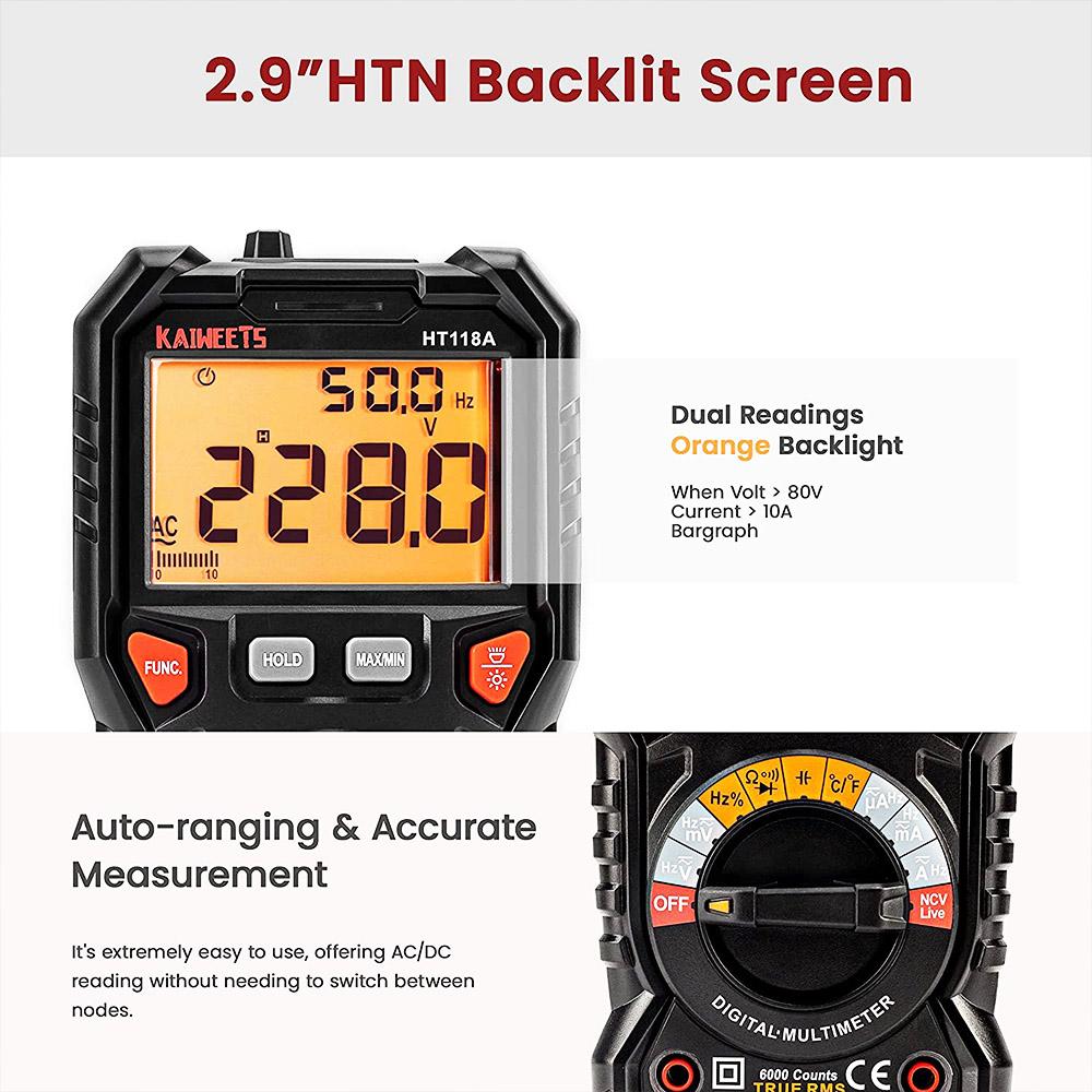 KAIWEETS Цифровой мультиметр TRMS ,6000 отсчетов, Вольтметр, Автоматический выбор диапазона, Точно измеряет Напряжение Ток Ампер Сопротивление