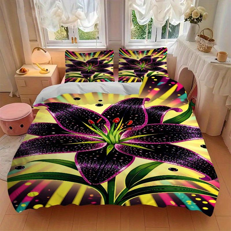 3pcs Glitter Lily Bedding Set, Ideal for Home Use, Suitable for Bedroom Decor (1*Duvet Cover + 1/2*Pillowcases, No Core) yy250821164