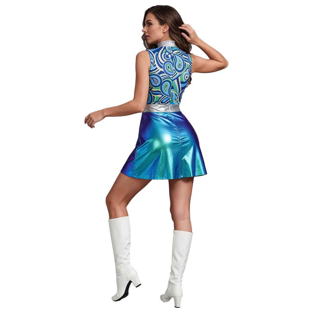 Womens Disco Outfit Sleeveless Back Invisible Zipper Printed Bodice Side Slit Metallic Dress Neckerchief