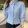 Women Casual Shirt Collar 3/4 Sleeve Lace Patchwork Shirts