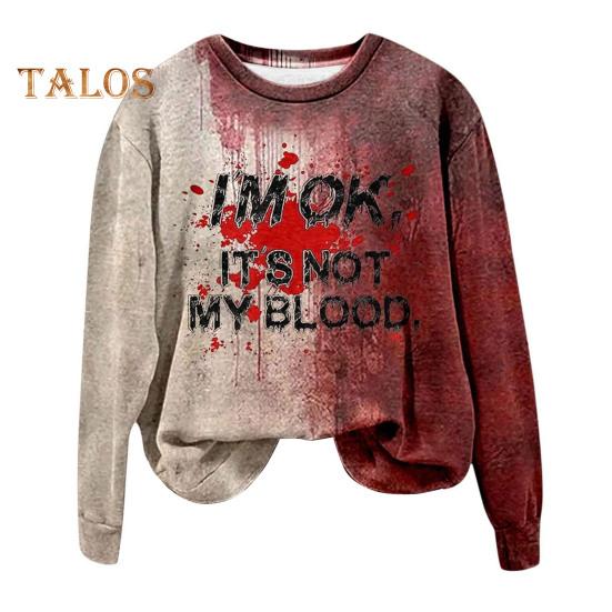 Women Sweatshirt 3D Bloodstain Print Round Neck Casual Halloween Haunted House Cosplay Top Long Sleeves Loose Hoodie