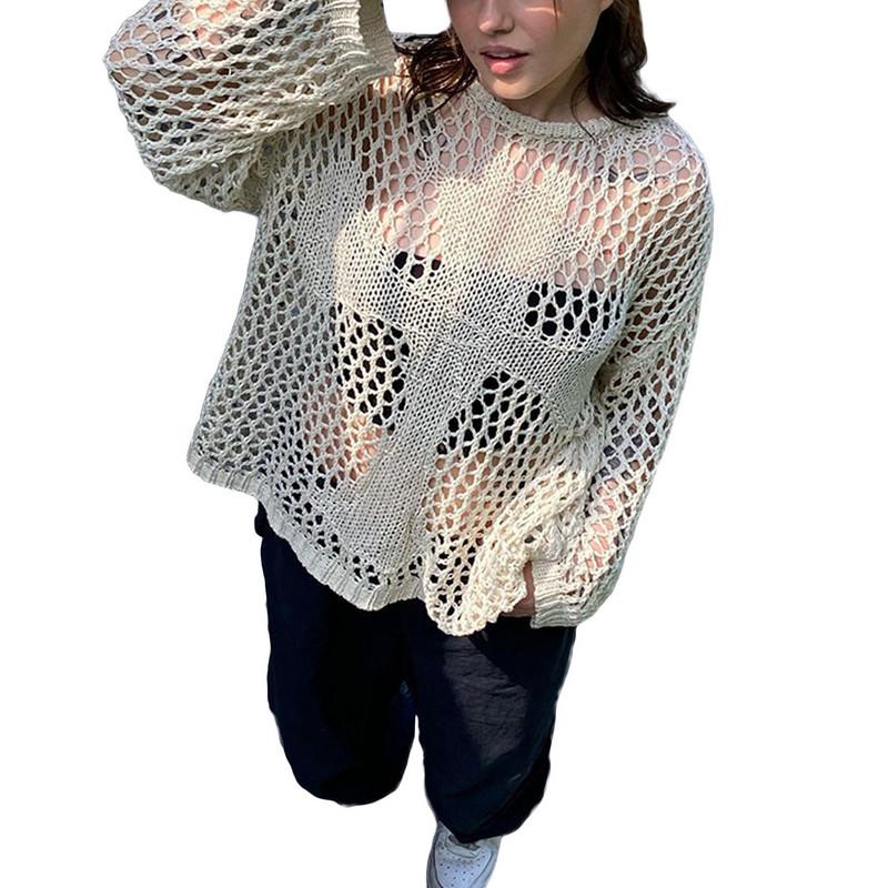 Женский укороченный топ Y2K, винтажный свободный рваный вязаный крючком пуловер, женский повседневный сказочный шикарный укороченный трикотаж