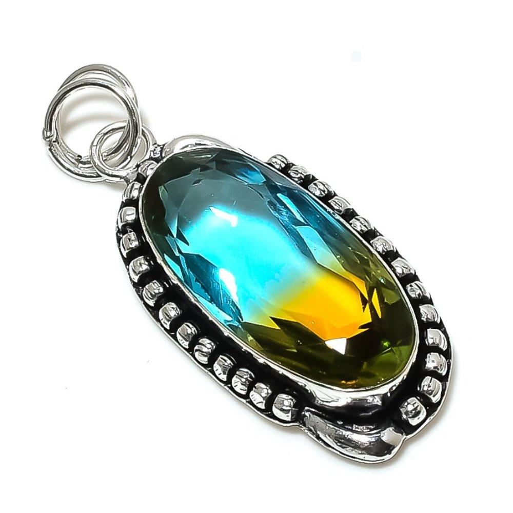 Natural Bi-Color Tourmaline Gemstone 925 Sterling Silver Pendant 2.25" Q5u10