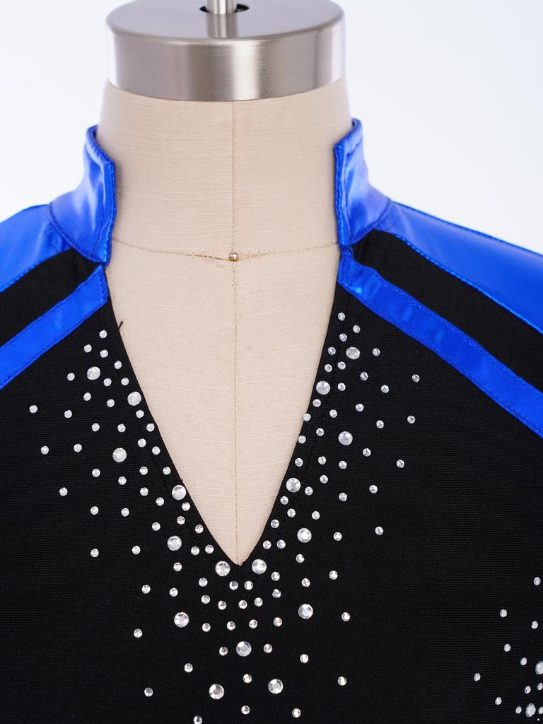 Boys Skating Performance Top: V-Neck Long Sleeve Rhinestone Color Block with Split Hem for Competition Costume