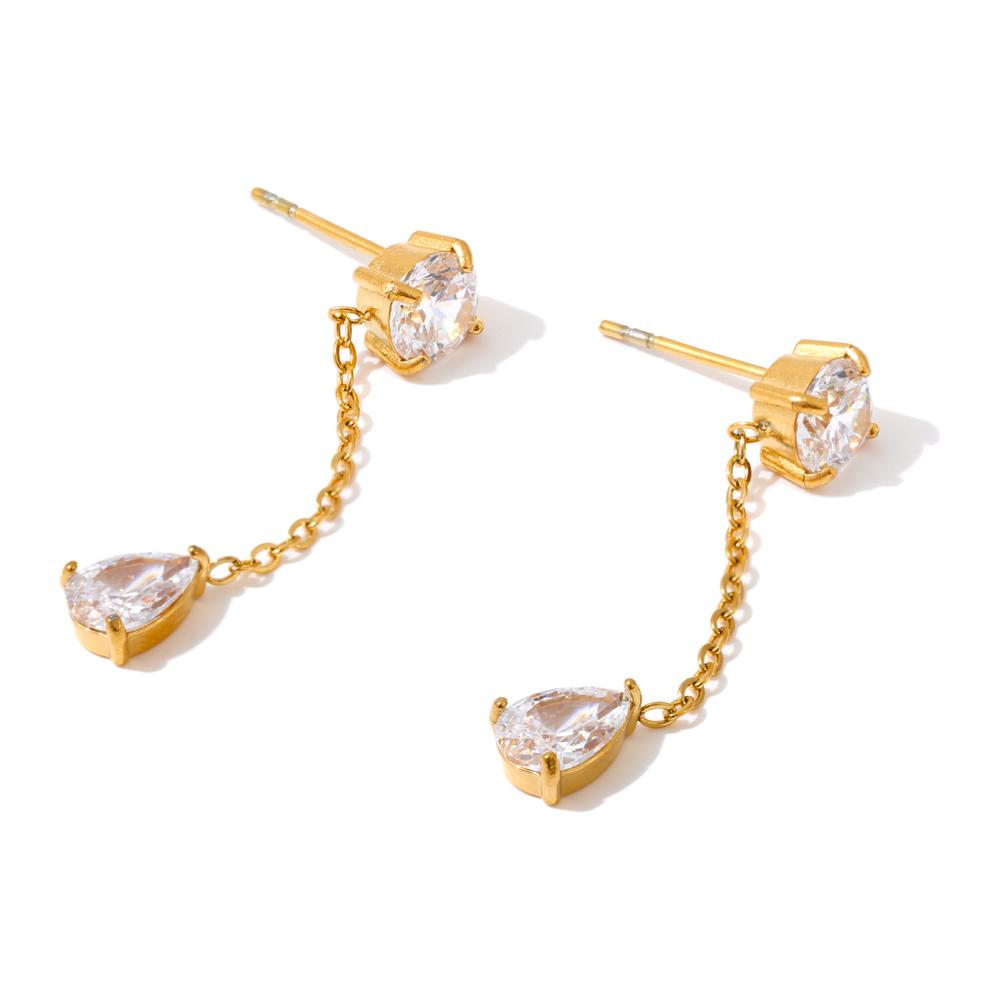 Yhpup Cubic Zirconia Chain Water Drop Dangle Earrings Trending Golden Stainless Steel Delicate Korean Chic Jewelry Accessories