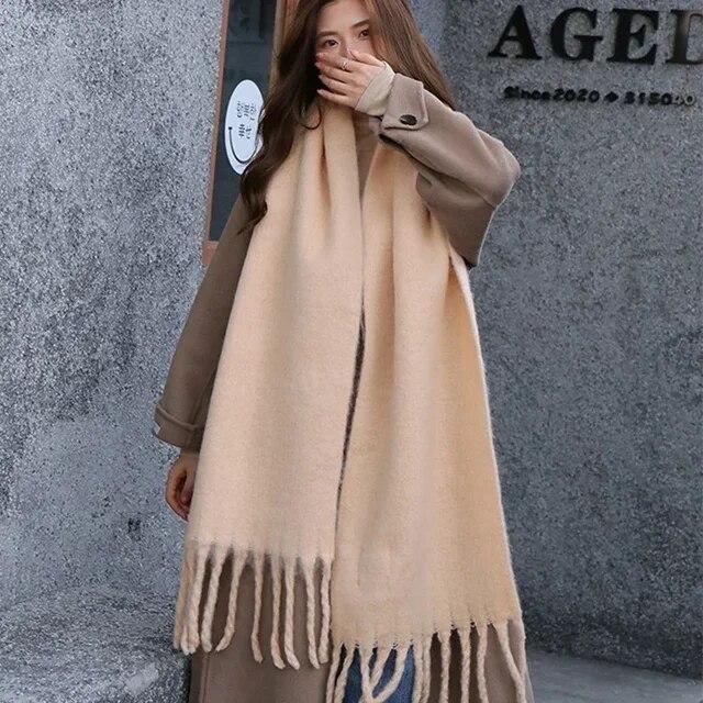 Женский толстый шаль, шарф, зимние теплые модные однотонные шарфы из пашмины, длинные хиджабы с кисточками, палантины Bufanda Mujer