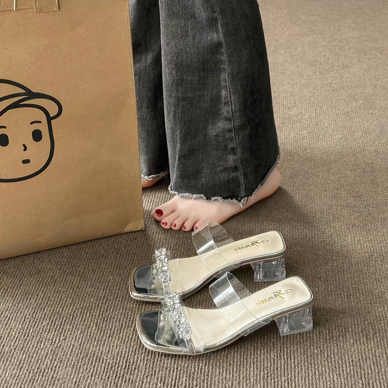 Красивые туфли на высоком каблуке, летняя одежда 2024 года, новая юбка французской феи со стразами, прозрачные босоножки с кристаллами