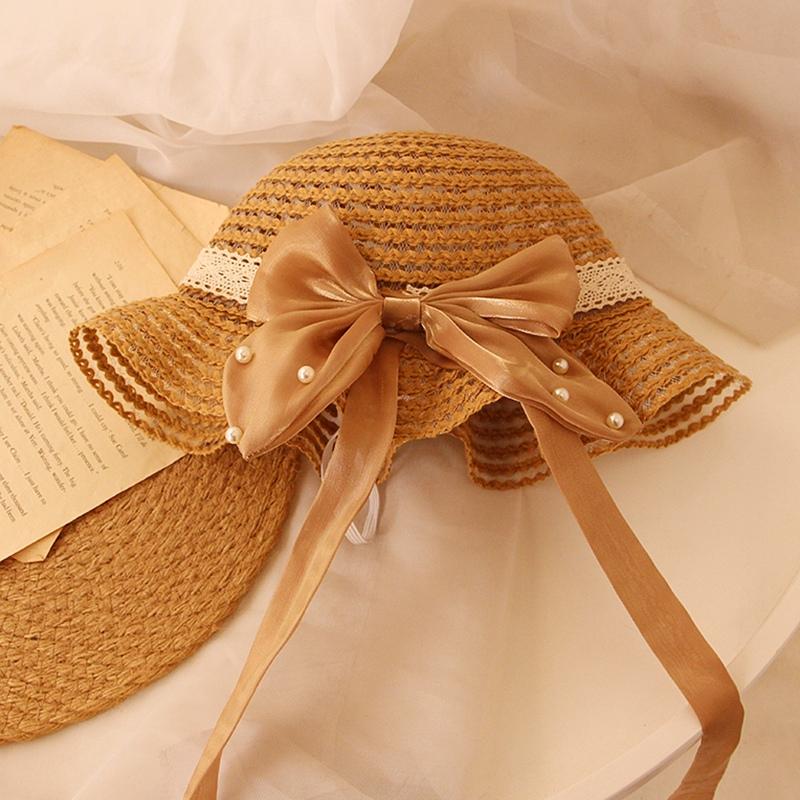 Детские соломенные шляпы для девочек, солнцезащитные шляпы, атласные украшения с бантом и лентой