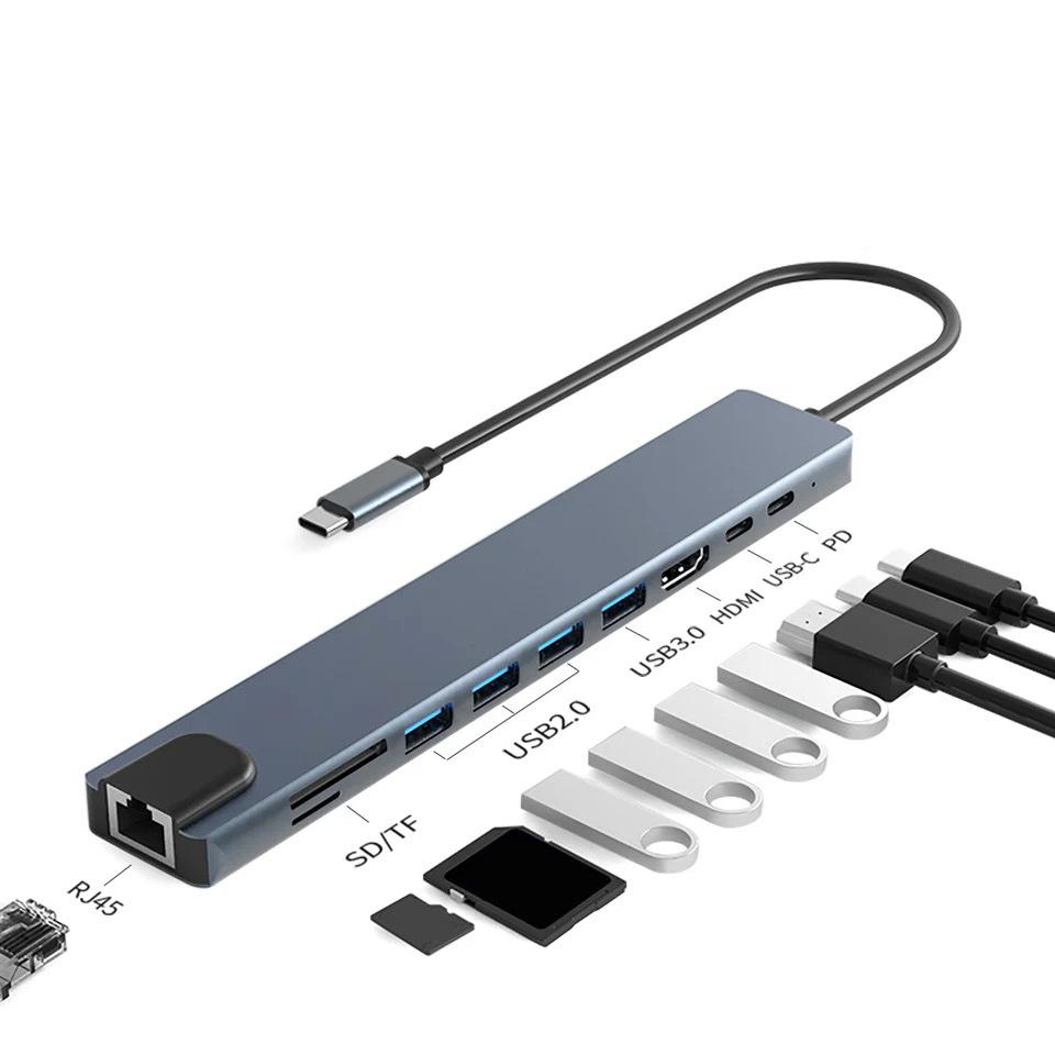 Многофункциональный адаптер 10-в-1 USB-C - HDTV с Ethernet 100M и USB-концентратором для мобильных устройств, ПК, игровых приставок