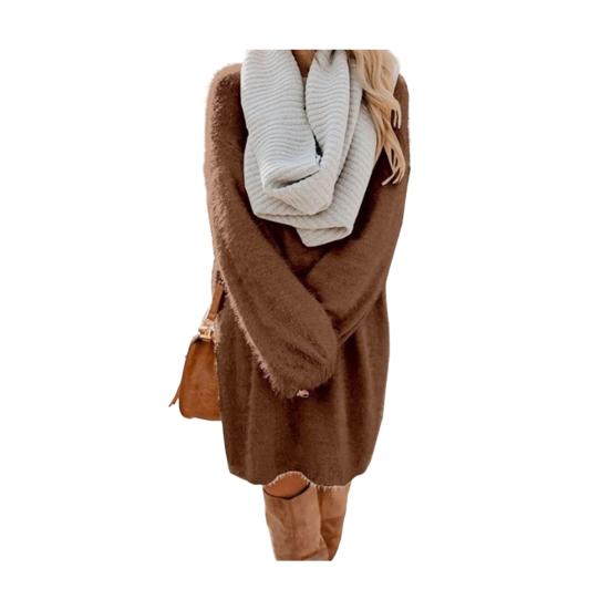 Women's Furry Pullover Sweater Dress Fuzzy Slouchy Oversized Long Tops Loose Crew Neck Fall Short Mini Dress