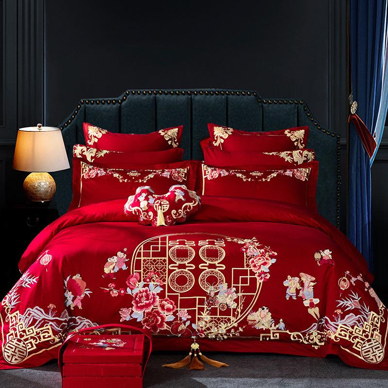 Длинноволокнистый хлопок плотностью 100, свадебная простыня и пододеяльник из четырех предметов, чистый хлопок, лоскутное одеяло с драконом и фениксом, красное стеганое одеяло, комплект из шести и десяти предметов