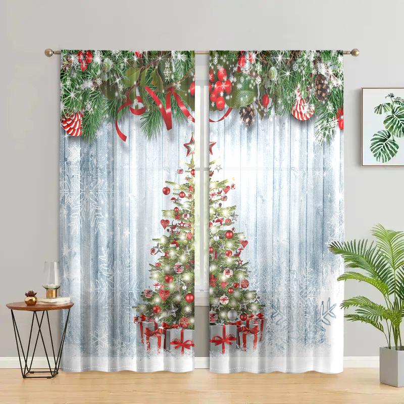 2 Pieces, Christmas Tree Snowflake Wooden Background Curtains -30% Blackout - Suitable for Living Room, Bedroom, Home Decoration