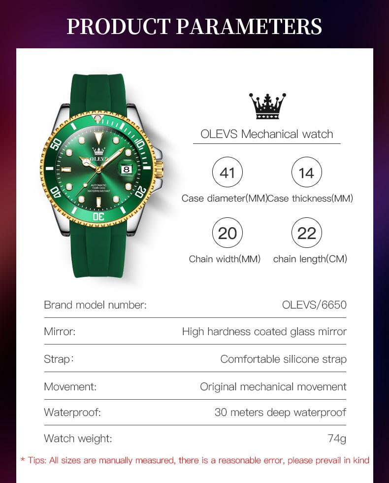 OLEVS 6650 Mechancial Watch for Men Luxury Top Brand Original Automatic Men's Watches Silicone Strap Waterproof Date Man Watch