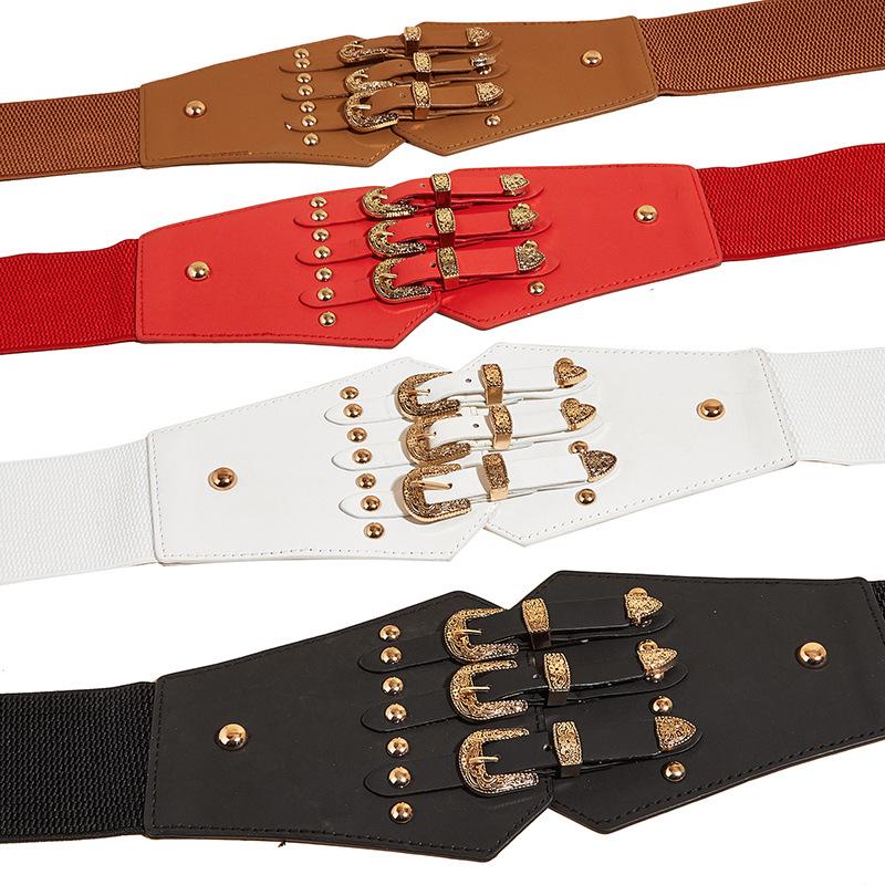 Женский набор из трех кожаных ремней: Пояс-корсет с пряжкой, куртка с отделкой в виде рубашки, эластичный широкий ремень с заклепками