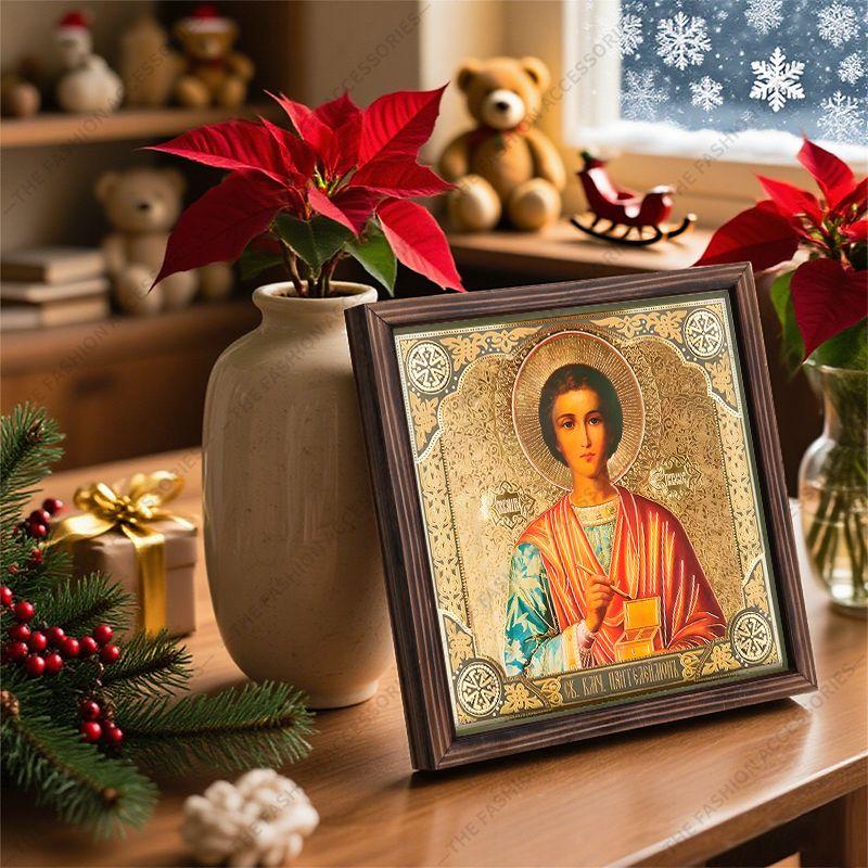 Декоративная роспись православных икон, Освященная икона "Святой Пантелеимон Целитель", Роспись фоторамки, Христианское настенное искусство, 20см*20см, Духовный подарок