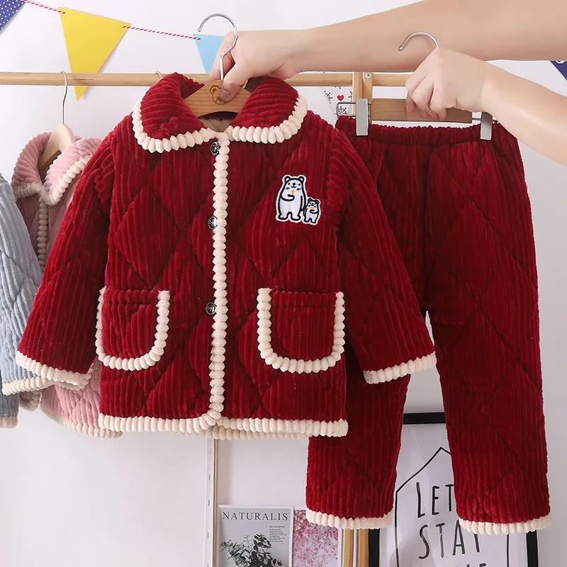Детские фланелевые пижамы, осенне-зимняя коралловая бархатная утепленная детская хлопковая детская домашняя одежда для мальчиков и девочек