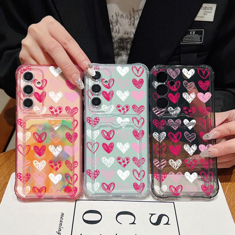 Розовый узор в виде сердец любви, противоударный прозрачный чехол для Samsung S24 FE S23 Ultra S22 A16 A55 A54 A35 A15, мягкий силиконовый слот для карт, прозрачный чехол для телефона