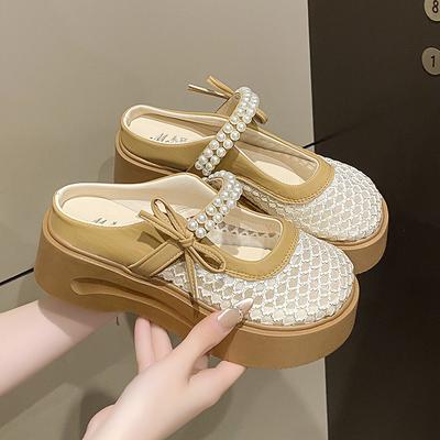 Французский сказочный стиль премиум чувство голова маффина крутые тапочки лето новый бант жемчуг платформа сетчатые сандалии