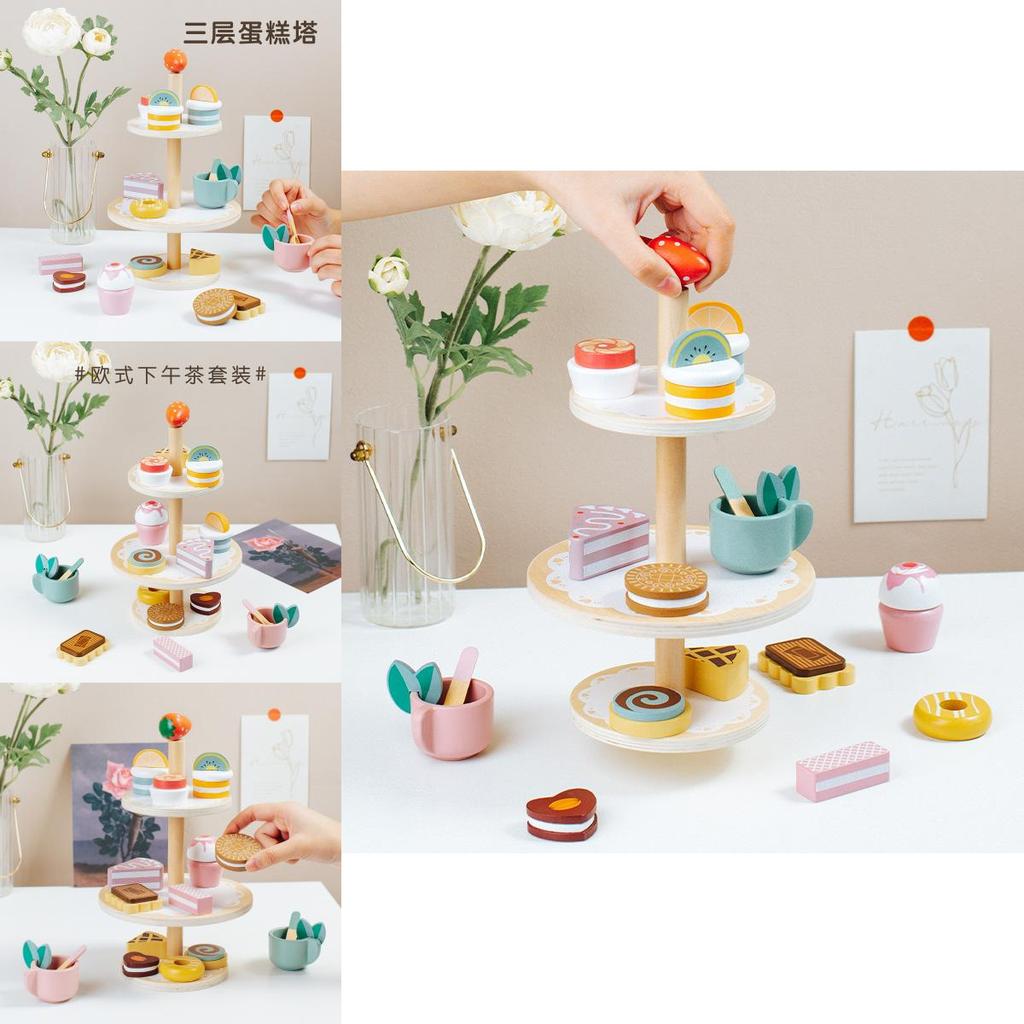 Деревянная полка для десертов для ролевых игр с трехъярусным дизайном для детских развивающих игрушек