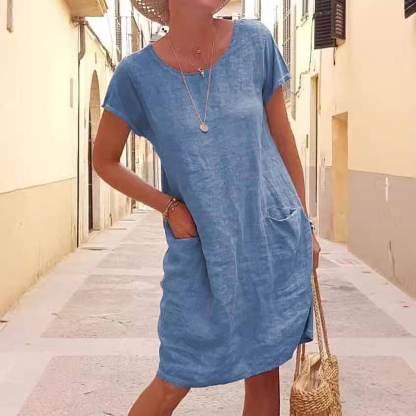 2024 Лето Женское Свободное Однотонное Карманное Короткое Рукавное Хлопковое Льняное Платье
