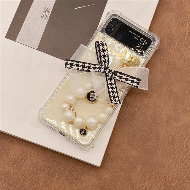 Симпатичный кожаный браслет-цепочка с бусинами, медведем и цветком, чехол для телефона для Samsung Galaxy Z Flip 4 Z Flip 3, прозрачный противоударный Z-откидной чехол Para