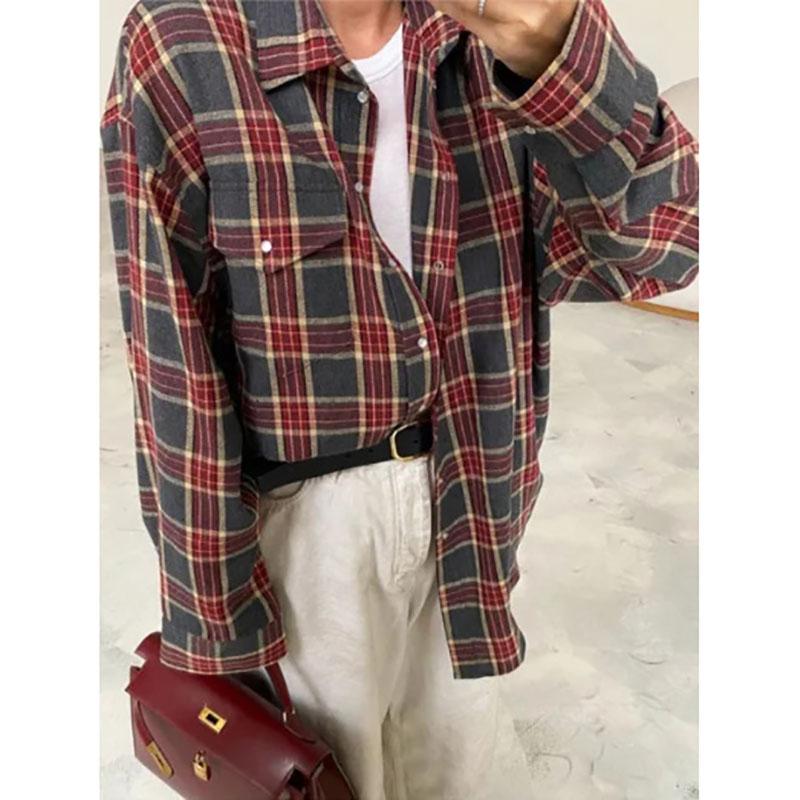 Винтажная женская рубашка свободного покроя с длинным рукавом в клетку, блузка, топы, осень-зима, свободная рубашка с карманом и пуговицами, корейский стиль