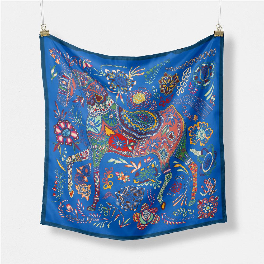 Twill Silk Scarf Woman Giraffe Painting Square Scarves Wraps Bandana Small Hijab Silk Foulards Tie Headband Neckerchief 53CM