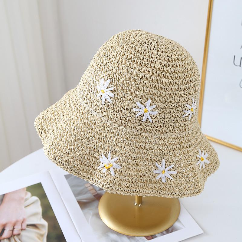 Маленькая шляпа из соломы с цветком ромашки, женская, весенне-летняя, для путешествий, пляжная, от солнца, для отпуска, шляпа-ведро