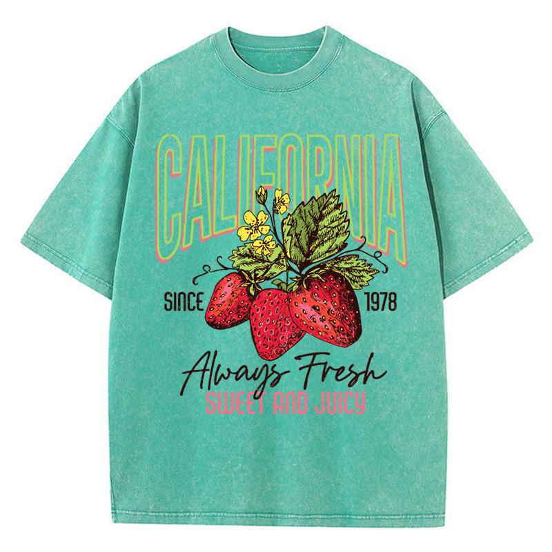 Womans Cotton Washed T-Shirts All-Math O-Neck Distressed Short Sleeve California Strawberries Print Tops Summer Female Clothes