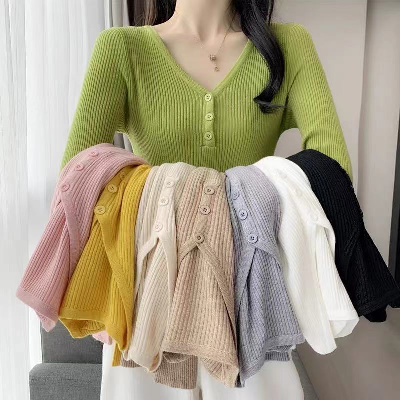 Kuz Qish V-boʻyinli Top Slim Fit Qisqa Bir xil rang Ichki Uzun qisma Asos Trikotaj Sviter Ayollar uchun
