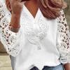 Women Spring Shirt V Neck Hollow Out Lace Patchwork Half Button Closure Solid Color Loose Long Sleeve Soft OL Commute Top