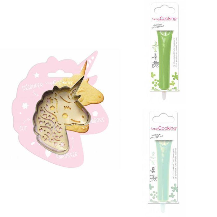Unicorn Embossed Cookie Kit + 2 Light Green and Water Green Chocolate Pens