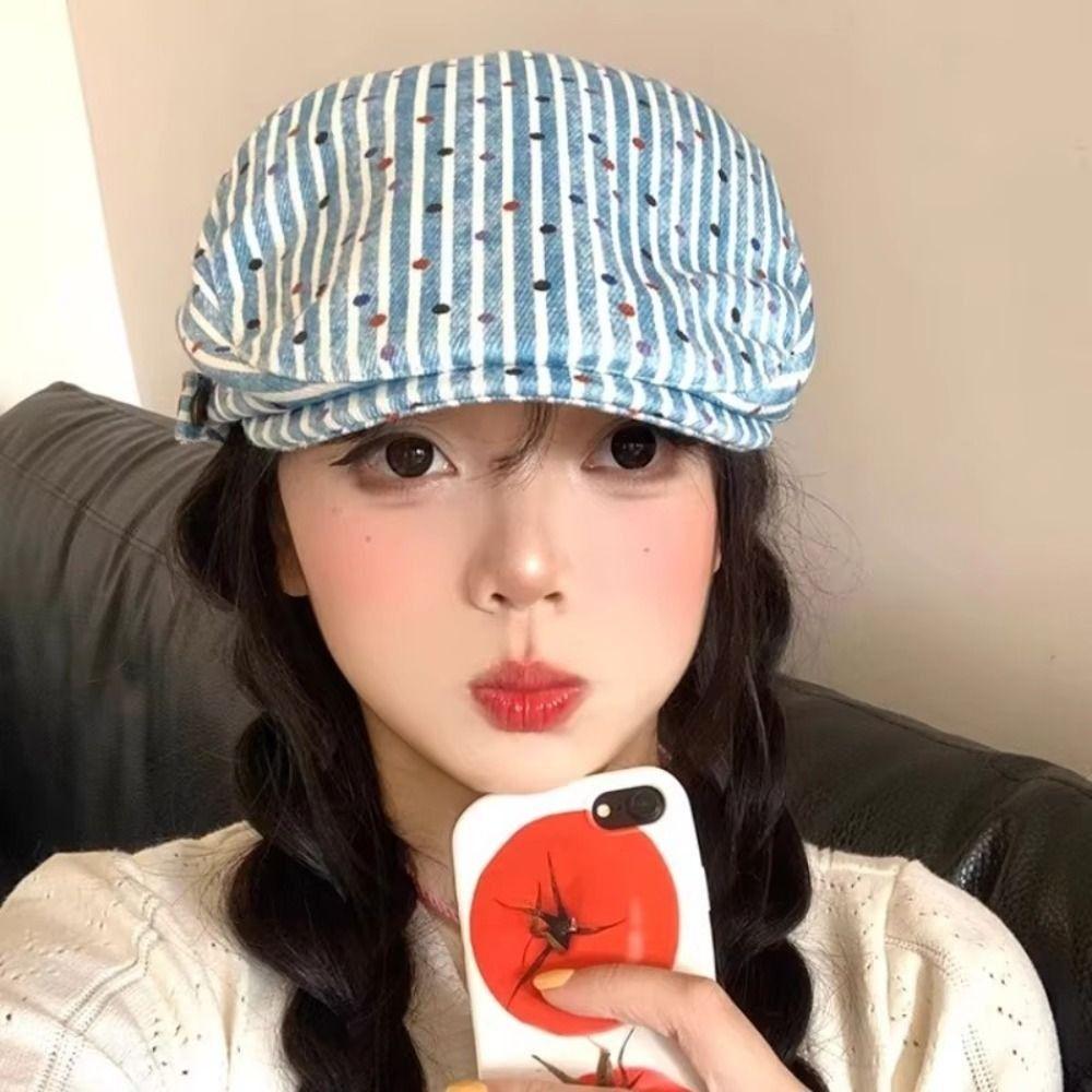 Vintage Stripped Berets Korean Painter Cap Fashion Polka Dot Beret  Women