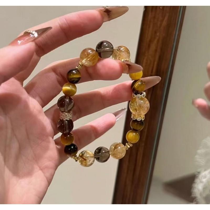 Handcrafted Natural Yellow Tiger Eye Hematite Citrine Quartz Bracelet Original Design Unisex Stone Bead Jewelry
