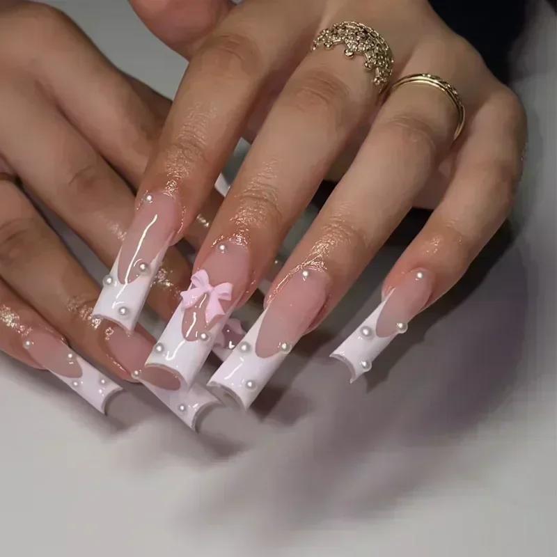 24Pcs White French Tip Long Ballet False Nails With Flower Rhinestones Reusable Full Cover Press On Nails