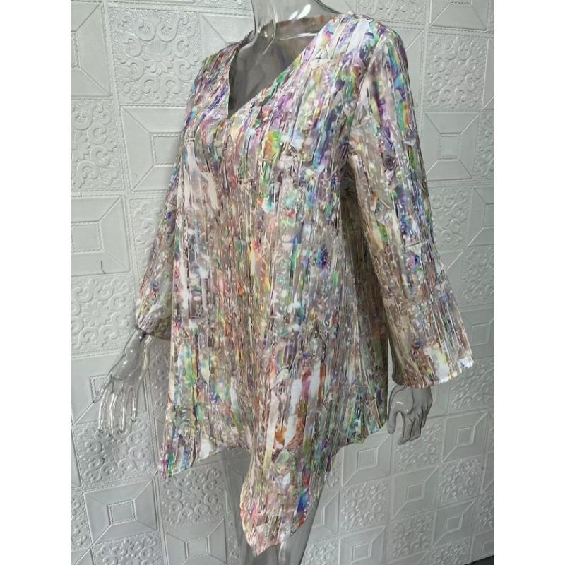 Весна Лето V-образный вырез Принт Мода Женская Блузка Новая Повседневная Свободная Необычная Топ Футболка Большого Размера Простая Элегантная Офисная Рубашка Женская Одежда