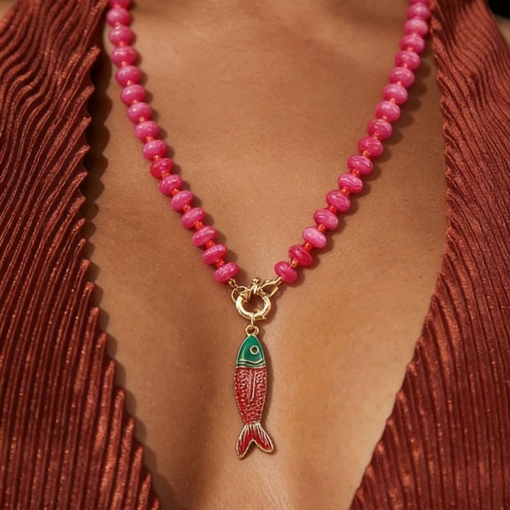 Colored Stone Small Fish Pendant Necklace Bohemian Fish-shaped Charms Jewelry Beads Necklace Gifts