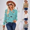 Spring and Autumn Women's V-neck Printed Casual Long Sleeved Top Women's Retro Upper Outer Garment