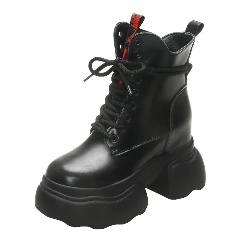 Модные женские ботильоны 11 см на платформе, кроссовки на высоком каблуке, кожаные толстые ботинки, новые осенне-зимние мотоциклетные ботинки со шнуровкой Botas Mujer