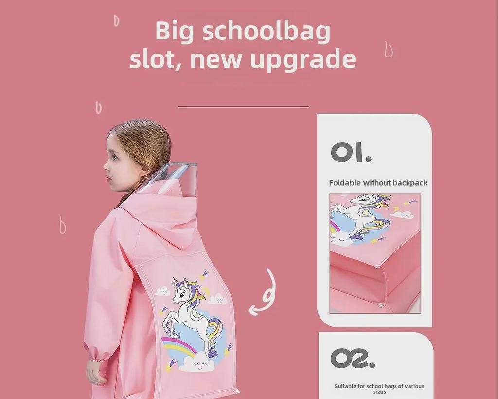 Kids' Thickened and Lengthened Raincoat with Backpack Space for Primary School Students