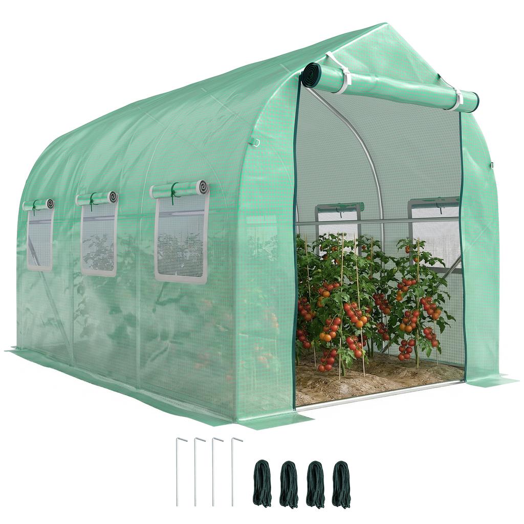 Garden Tunnel Greenhouse Tunnel Greenhouses 6 m² with 6 Windows Zipped Door PE Cover Galvanised Iron Structure Green