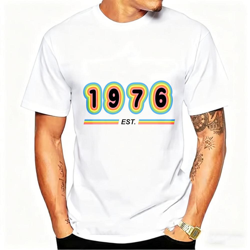 Est. 1976 Rainbow Retro T-Shirt – White 70s Style Graphic Tee, Perfect 50th Birthday Gift for Men Harajuku Graphic T Shirts