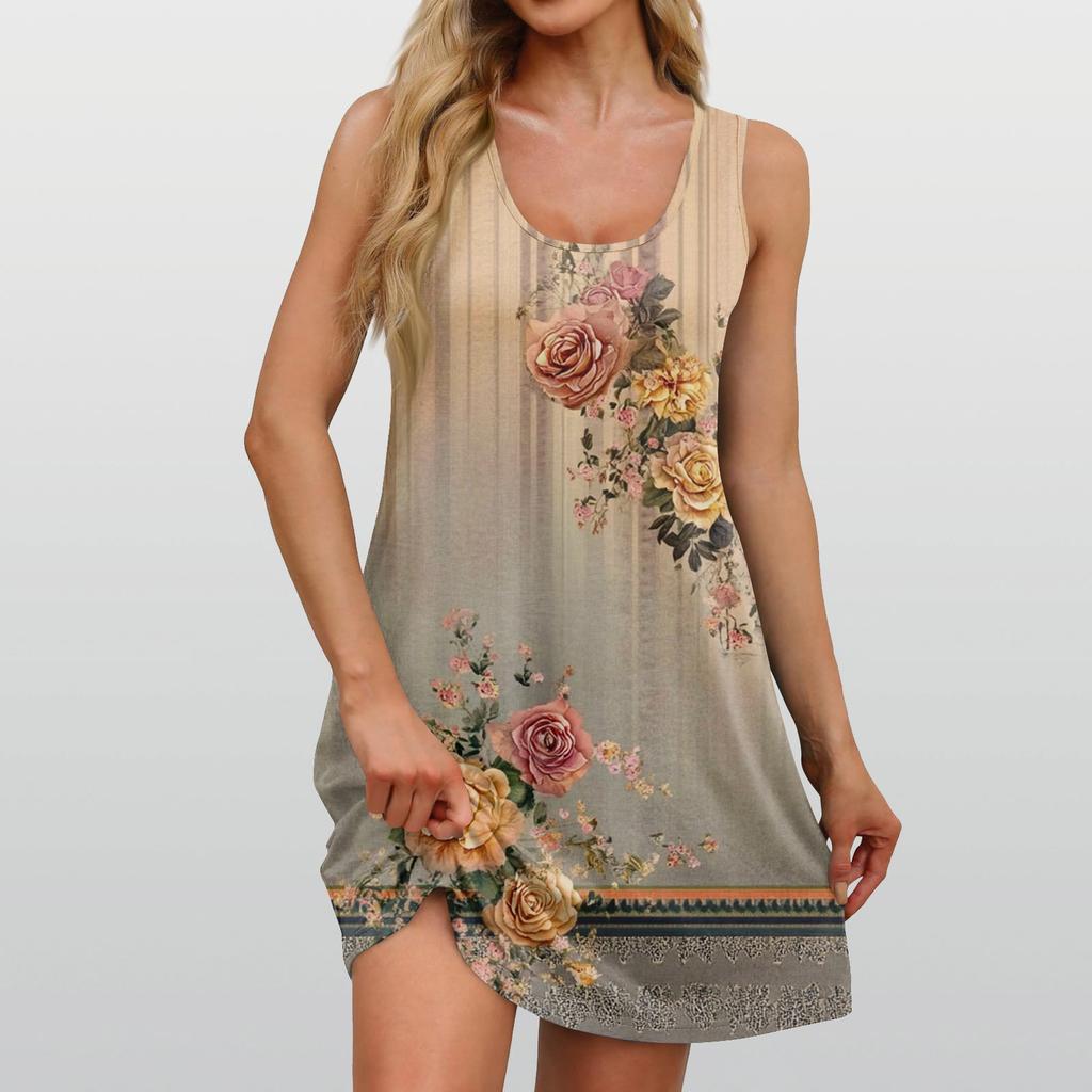 Women's Summer Casual Square Neck Floral Print Dress Sleeveless Dress With Pockets