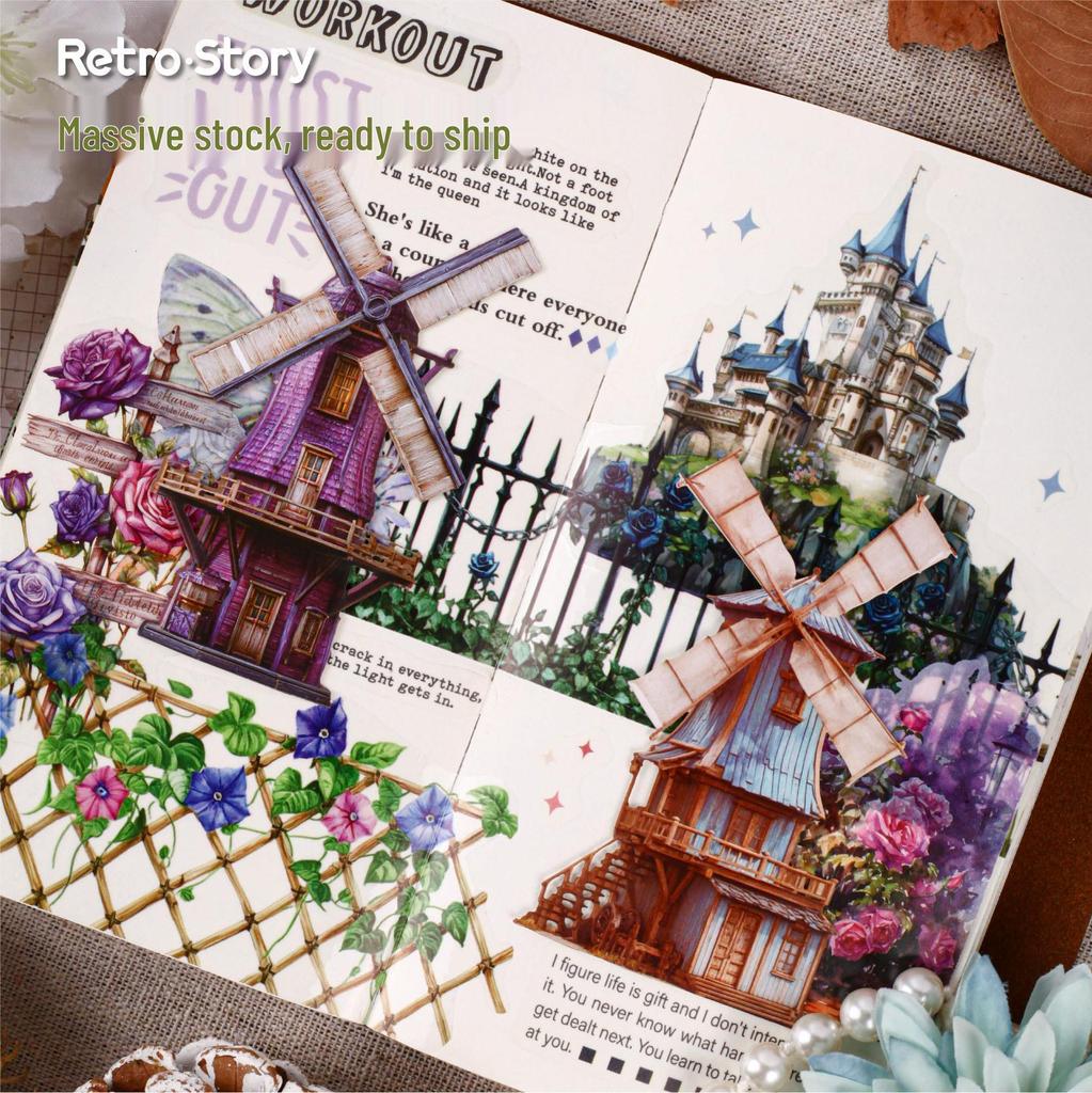 Retro Windmill Sticker Set - Pastoral Journal Decor, 6 Styles