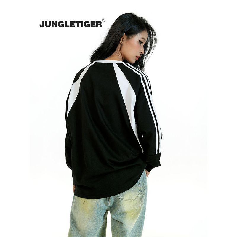 Jungle Tiger Logo Thick Screen-Printed Long-Sleeve T-Shirt for Men and Women, Three-Stripe Retro Sports Color-Block Base Shirt Top