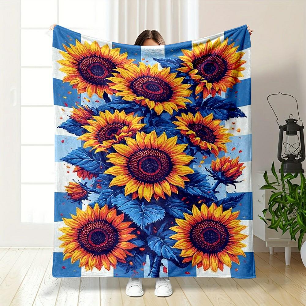 "Sunflower Pattern warm quiltin Blue Design - Flannel blanket for bedroom, living room, sofa, and nap sofas"