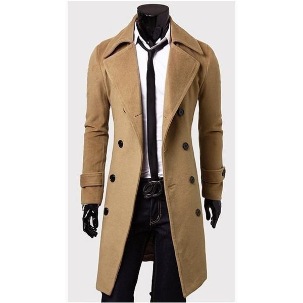 Мужская мода Длинный плащ Флисовая шерстяная куртка Slim Fit Peacoat Пальто